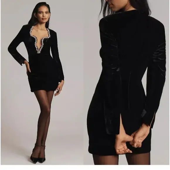 bardot audrina velvet mini dress Bardot Anthropologie Audrina Velvet Mini Black Dress Women's Size 4 SMALL  NWT